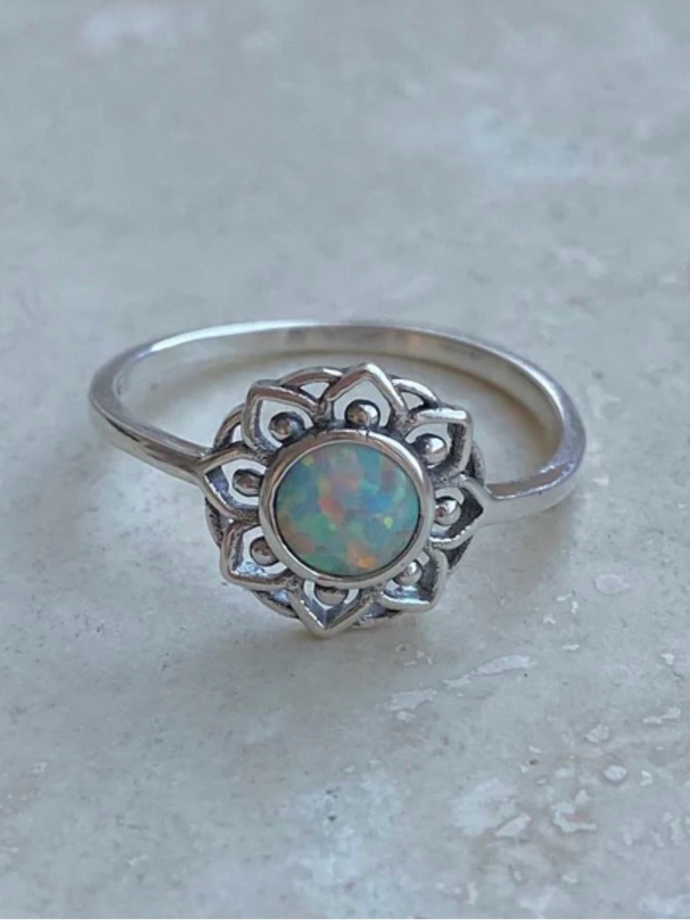 White Gold Plated Floral Halo Ring with Opal Center. New. - Picture 3 of 11